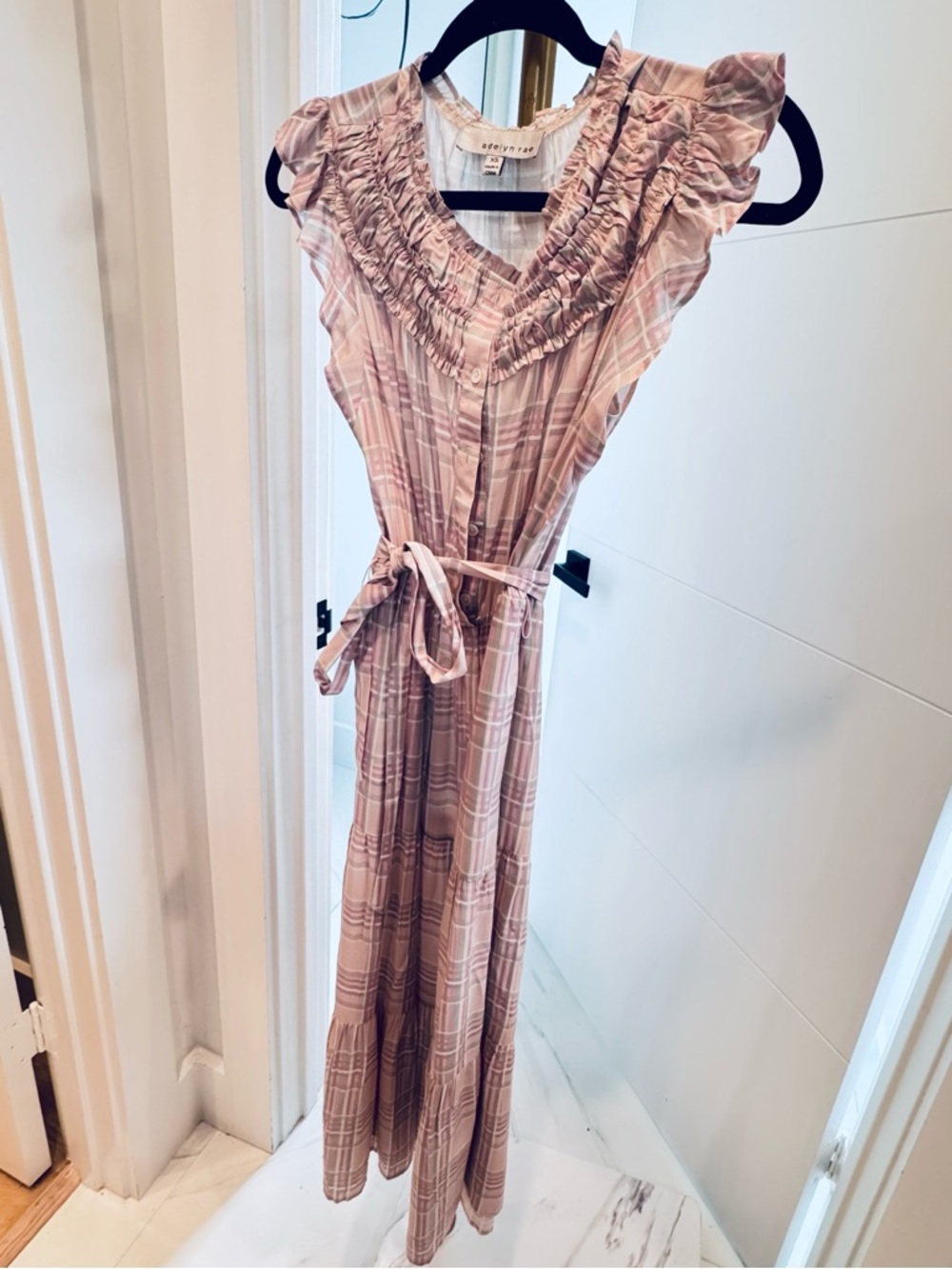 Adelyn Rae Sleeveless Pink Plaid Ruffle Midi Dress with Waist Tie, XS - Picture 5 of 10